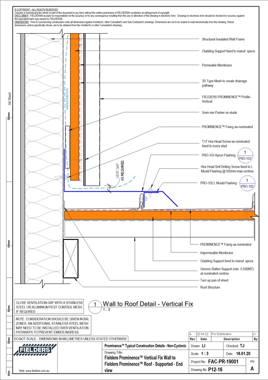 P12-16 - Fielders Prominence™ Vertical Fix Wall to Fielders Prominence™ Roof - Supported - End view