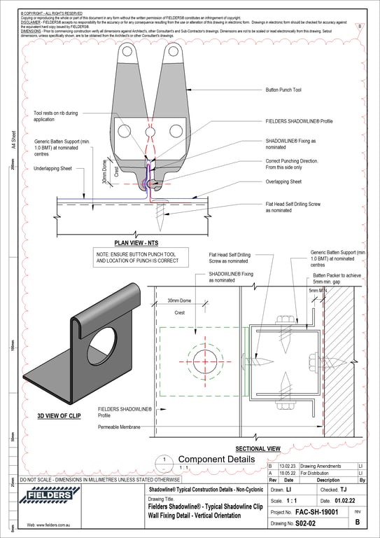 S02-02 - Fielders Shadowline® - Typical Shadowline Clip Wall Fixing Detail - Vertical Orientation