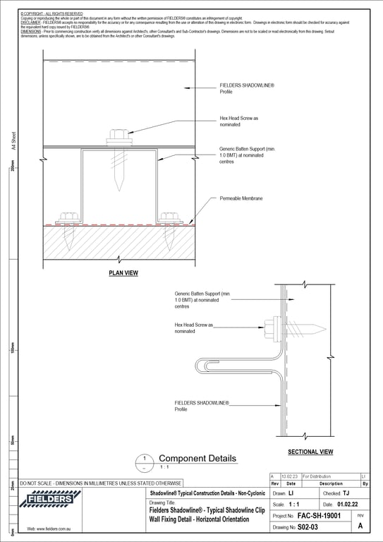 S02-03 - Fielders Shadowline® - Typical Shadowline Clip Wall Fixing Detail - Horizontal Orientation