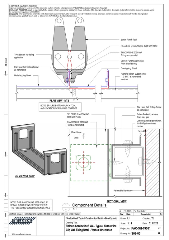 S02-05 - Fielders Shadowline® WA - Typical Shadowline Clip Wall Fixing Detail - Vertical Orientation