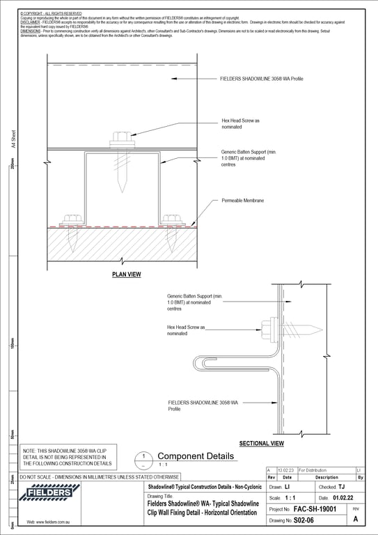 S02-06 - Fielders Shadowline® WA- Typical Shadowline Clip Wall Fixing Detail - Horizontal Orientation
