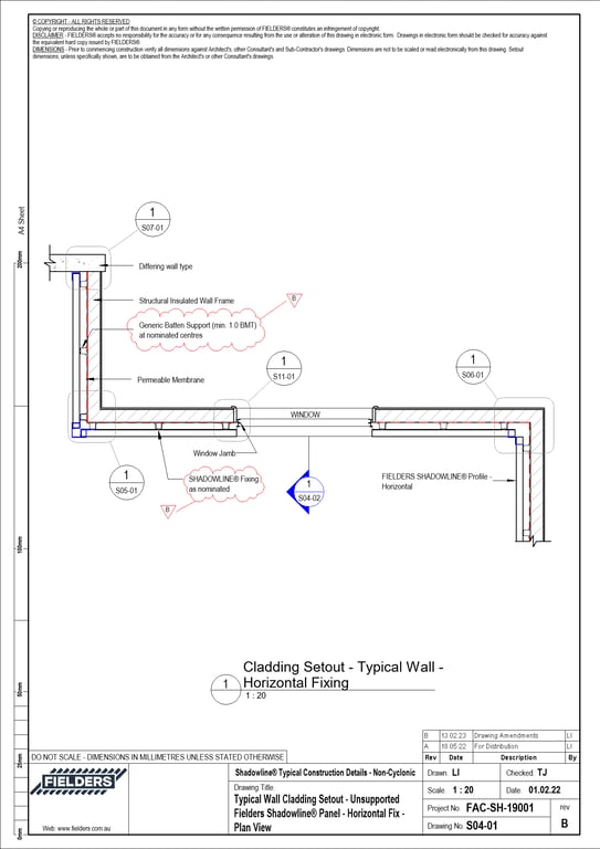 Navigate to S04-01 - Typical Wall Cladding Setout - Unsupported Fielders Shadowline® Panel - Horizontal Fix - Plan View