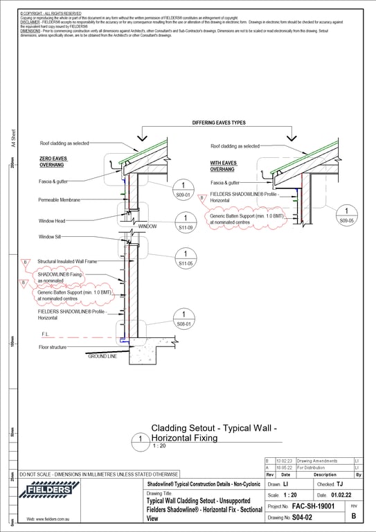 Navigate to S04-02 - Typical Wall Cladding Setout - Unsupported Fielders Shadowline® - Horizontal Fix - Sectional View