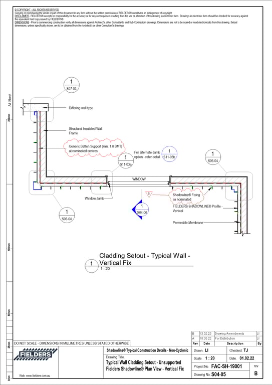 S04-05 - Typical Wall Cladding Setout - Unsupported Fielders Shadowline® Plan View - Vertical Fix