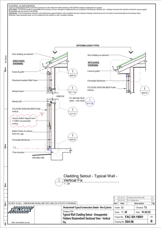 Navigate to S04-06 - Typical Wall Cladding Setout - Unsupported Fielders Shadowline® Sectional View - Vertical Fix