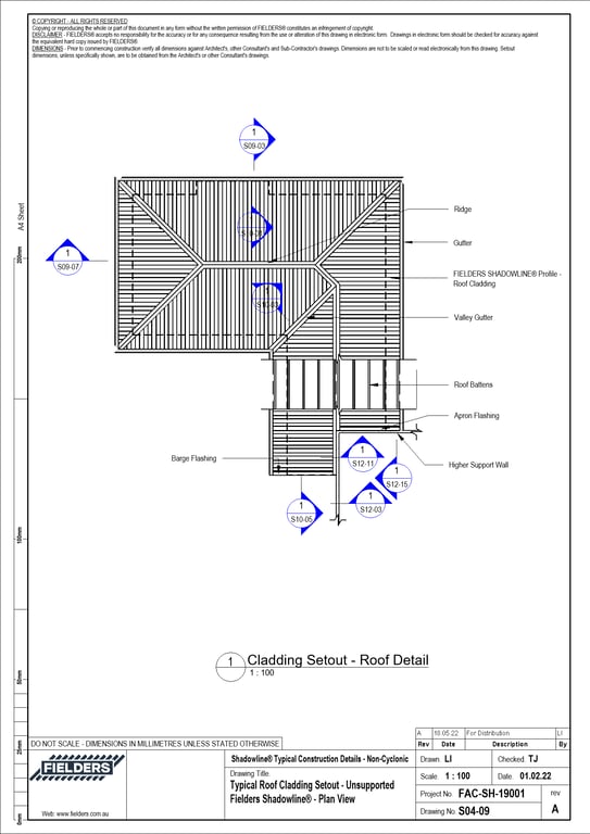 Navigate to S04-09 - Typical Roof Cladding Setout - Unsupported Fielders Shadowline® - Plan View