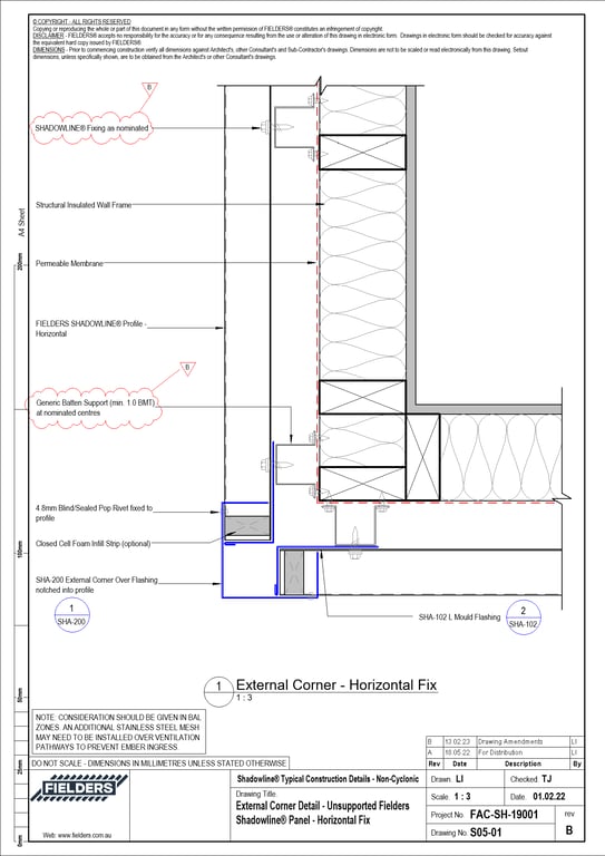 Navigate to S05-01 - External Corner Detail - Unsupported Fielders Shadowline® Panel - Horizontal Fix