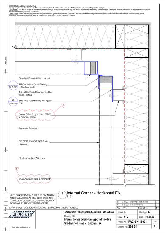 Navigate to S06-01 - Internal Corner Detail - Unsupported Fielders Shadowline® Panel - Horizontal Fix