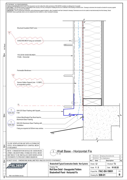 Navigate to S08-01 - Wall Base Detail - Unsupported Fielders Shadowline® Panel - Horizontal Fix