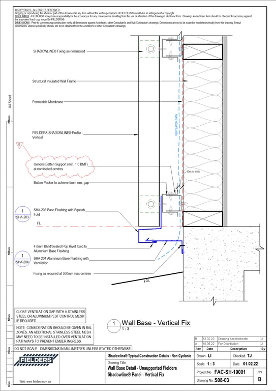 Navigate to S08-03 - Wall Base Detail - Unsupported Fielders Shadowline® Panel - Vertical Fix