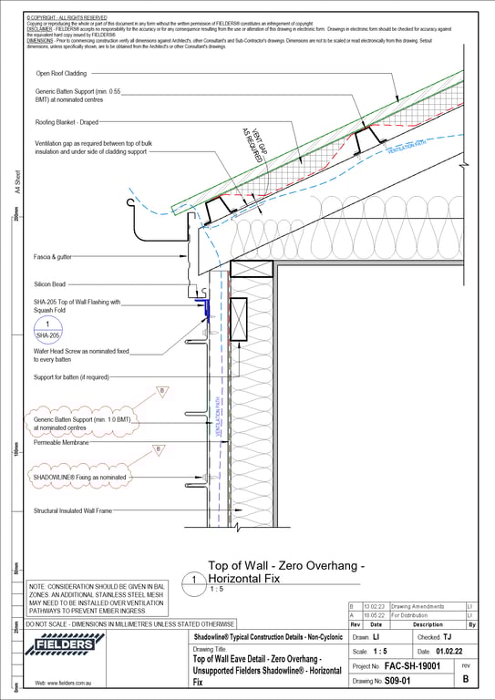 Navigate to S09-01 - Top of Wall Eave Detail - Zero Overhang - Unsupported Fielders Shadowline® - Horizontal Fix