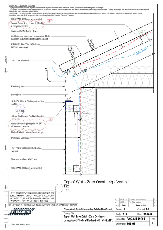 Navigate to S09-03 - Top of Wall Eave Detail - Zero Overhang - Unsupported Fielders Shadowline® - Vertical Fix