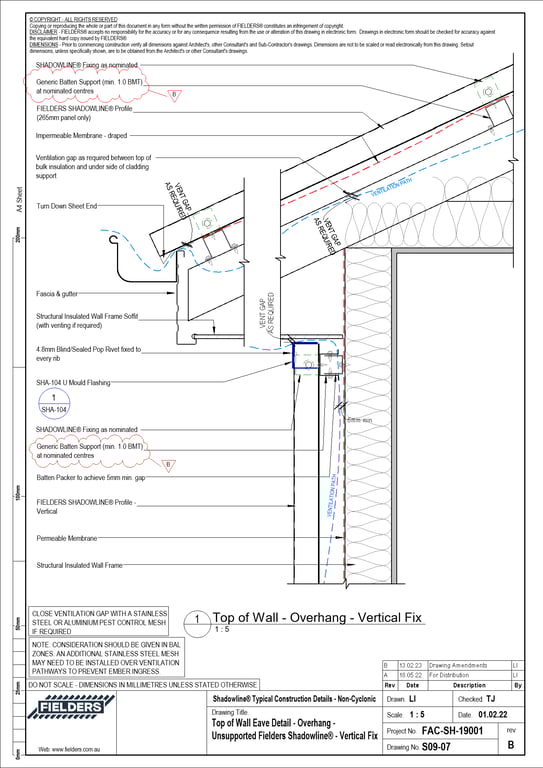 Navigate to S09-07 - Top of Wall Eave Detail - Overhang - Unsupported Fielders Shadowline® - Vertical Fix