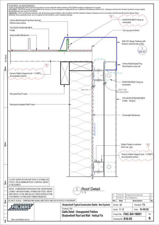 Navigate to S10-05 - Gable Detail - Unsupported Fielders Shadowline® Roof and Wall - Vertical Fix
