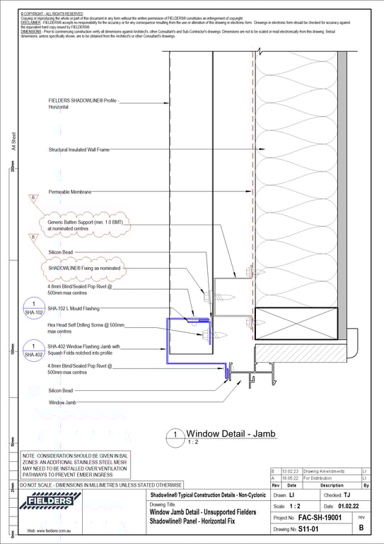 Navigate to S11-01 - Window Jamb Detail - Unsupported Fielders Shadowline® Panel - Horizontal Fix