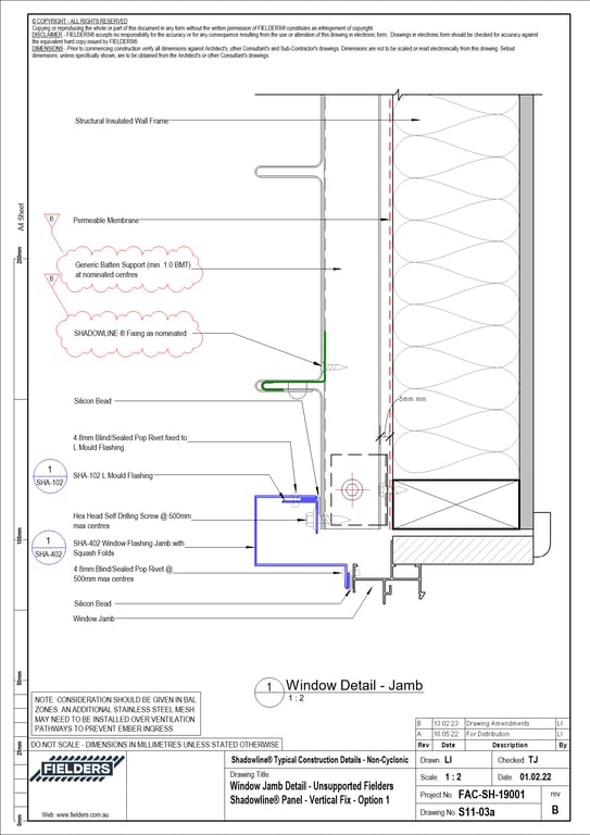 Navigate to S11-03a - Window Jamb Detail - Unsupported Fielders Shadowline® Panel - Vertical Fix - Option 1
