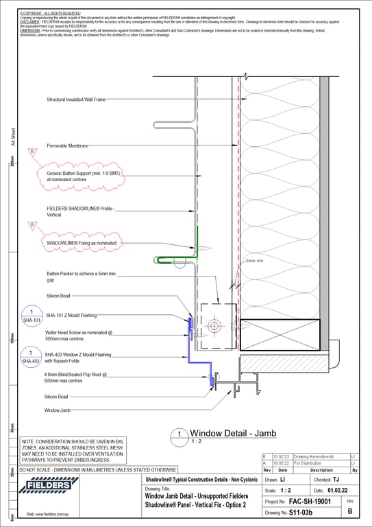 Navigate to S11-03b - Window Jamb Detail - Unsupported Fielders Shadowline® Panel - Vertical Fix - Option 2