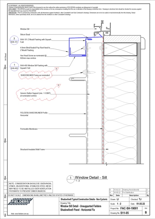 Navigate to S11-05 - Window Sill Detail - Unsupported Fielders Shadowline® Panel - Horizontal Fix