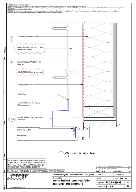 S11-09 - Window Head Detail - Unsupported Fielders Shadowline® Panel - Horizontal Fix