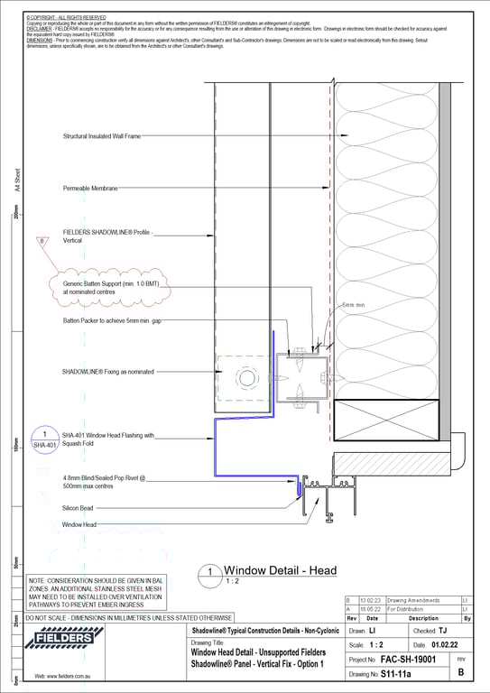Navigate to S11-11a - Window Head Detail - Unsupported Fielders Shadowline® Panel - Vertical Fix - Option 1