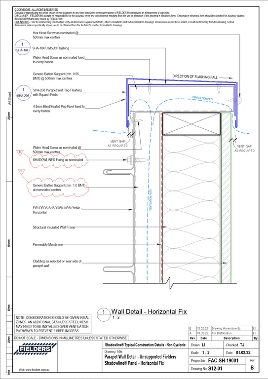  Image of S12-01 - Parapet Wall Detail - Unsupported Fielders Shadowline® Panel - Horizontal Fix