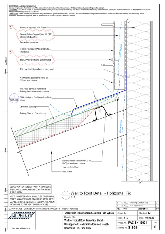 Navigate to S12-05 - Wall to Typical Roof Transition Detail - Unsupported Fielders Shadowline® Panel - Horizontal Fix - Side View