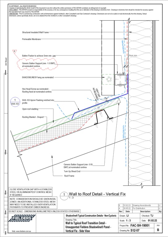 Navigate to S12-07 - Wall to Typical Roof Transition Detail - Unsupported Fielders Shadowline® Panel - Vertical Fix - Side View
