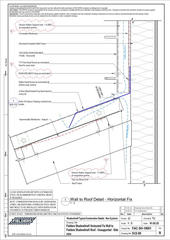 Navigate to S12-09 - Fielders Shadowline® Horizontal Fix Wall to Fielders Shadowline® Roof - Unsupported - Side view