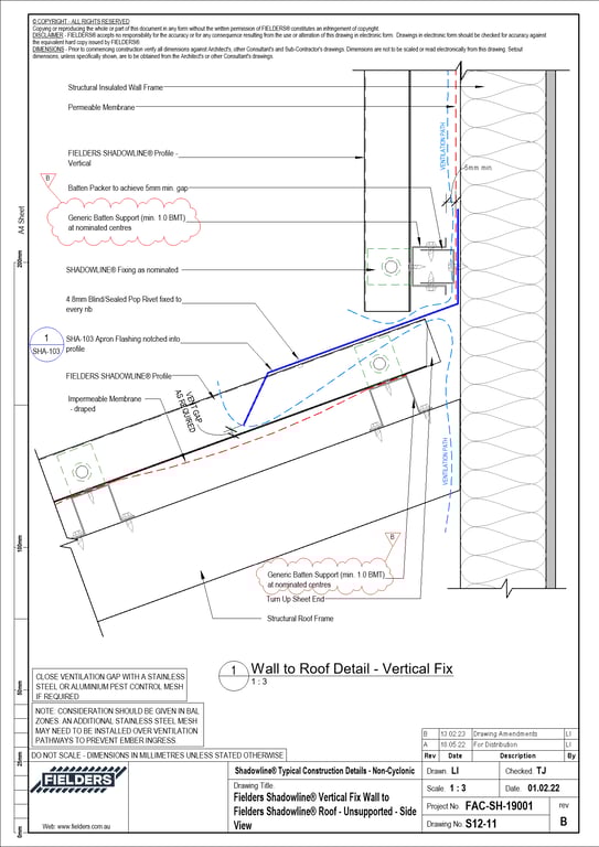 Navigate to S12-11 - Fielders Shadowline® Vertical Fix Wall to Fielders Shadowline® Roof - Unsupported - Side View
