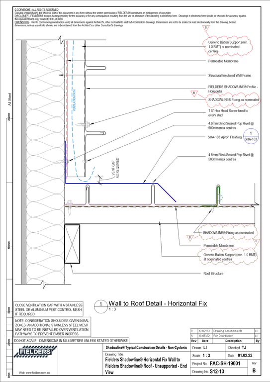 Navigate to S12-13 - Fielders Shadowline® Horizontal Fix Wall to Fielders Shadowline® Roof - Unsupported - End View