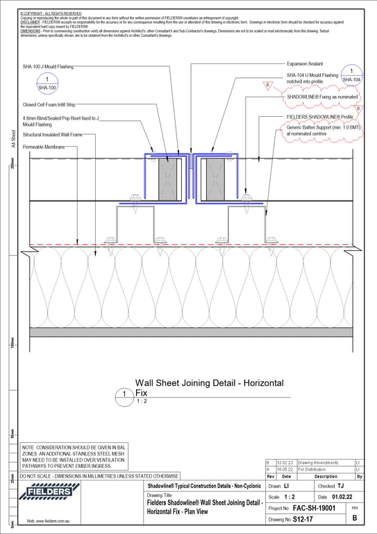 Navigate to S12-17 - Fielders Shadowline® Wall Sheet Joining Detail - Horizontal Fix - Plan View