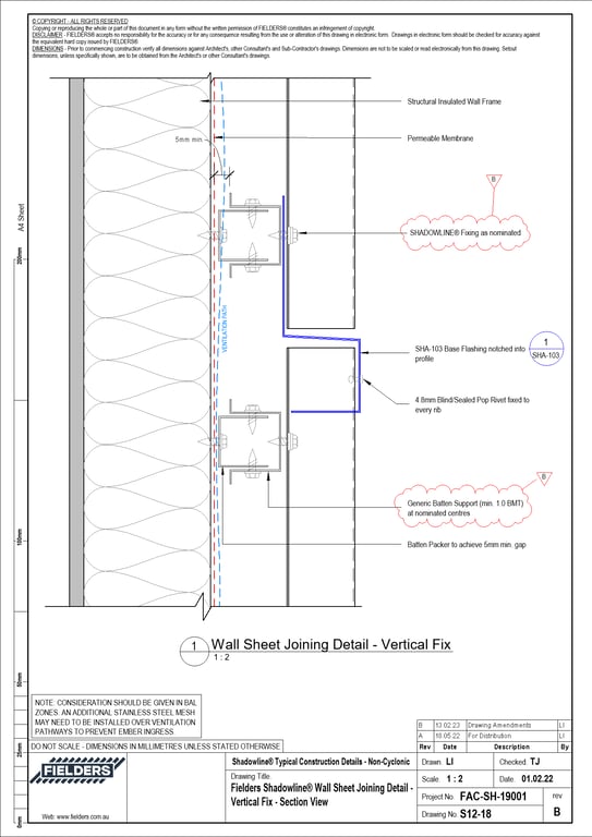 Navigate to S12-18 - Fielders Shadowline® Wall Sheet Joining Detail - Vertical Fix - Section View