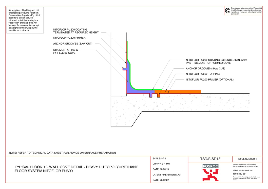  Image of TSD-F-SD13 - TYPICAL FLOOR TO WALL COVE DETAIL - HEAVY DUTY POLYURETHANE FLOOR SYSTEM NITOFLOR PU600