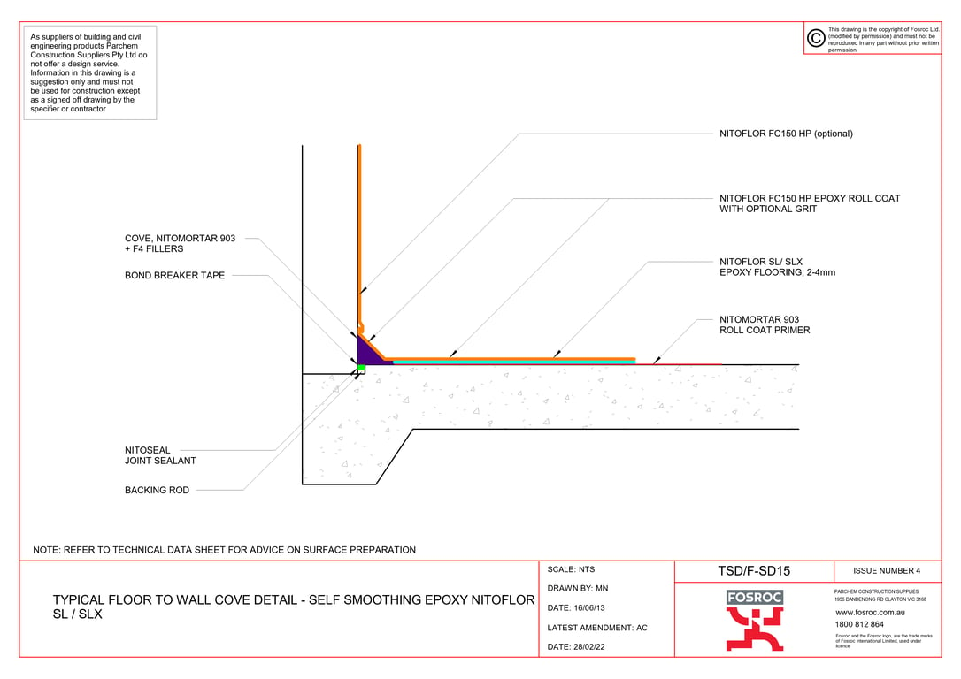  Image of TSD-F-SD15 - TYPICAL FLOOR TO WALL COVE DETAIL - SELF SMOOTHING EPOXY NITOFLOR SL - SLX