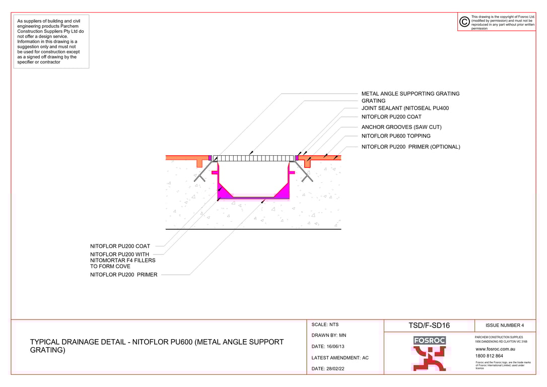 Navigate to TSD-F-SD16 - TYPICAL DRAINAGE DETAIL - NITOFLOR PU600 (METAL ANGLE SUPPORT GRATING)