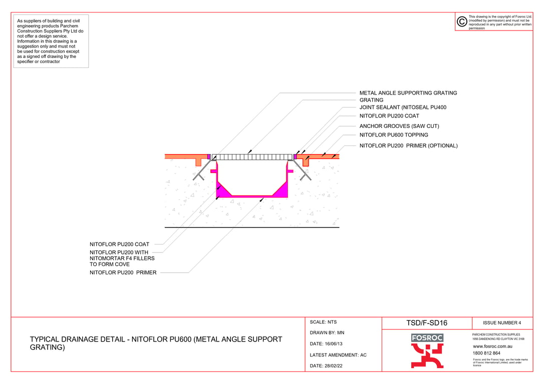 Image of TSD-F-SD16 - TYPICAL DRAINAGE DETAIL - NITOFLOR PU600 (METAL ANGLE SUPPORT GRATING)