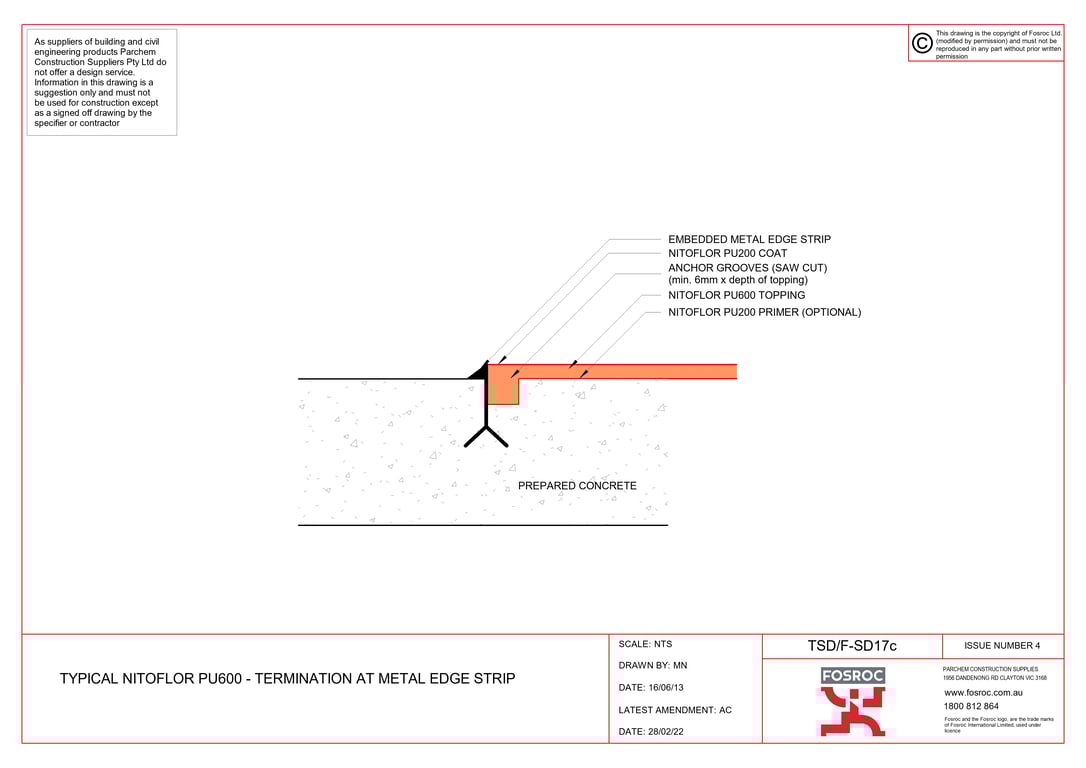 Navigate to TSD-F-SD17c - TYPICAL NITOFLOR PU600 - TERMINATION AT METAL EDGE STRIP