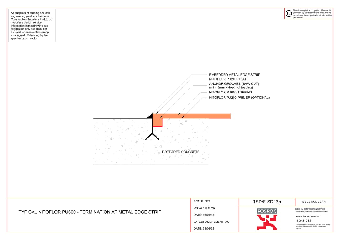 TSD-F-SD17c - TYPICAL NITOFLOR PU600 - TERMINATION AT METAL EDGE STRIP