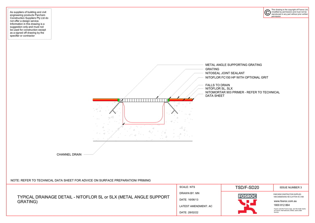 TSD-F-SD20 - TYPICAL DRAINAGE DETAIL - NITOFLOR SL or SLX (METAL ANGLE SUPPORT GRATING)