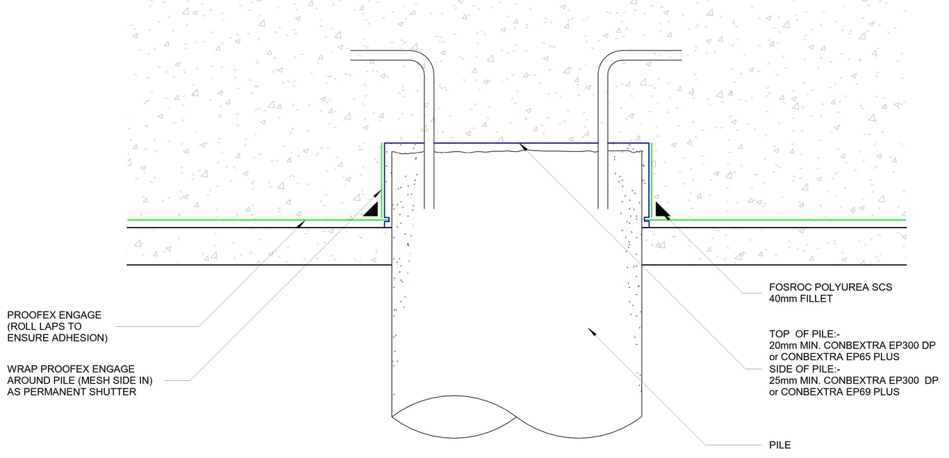 STANDARD EXTERNAL TANKING DETAIL WITH PROOFEX ENGAGE - PILE HEAD TO BS8102 GRADE 2-3-4 OPTION 4