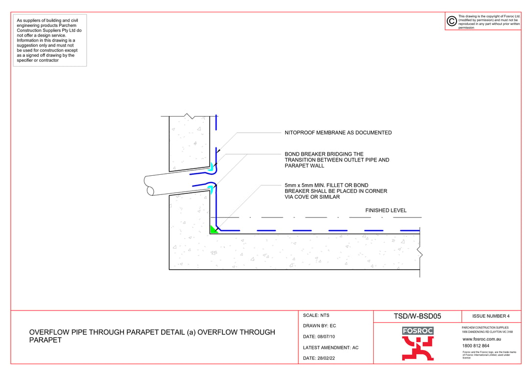 TSD-W-BSD05 - OVERFLOW PIPE THROUGH PARAPET DETAIL (a) OVERFLOW THROUGH PARAPET