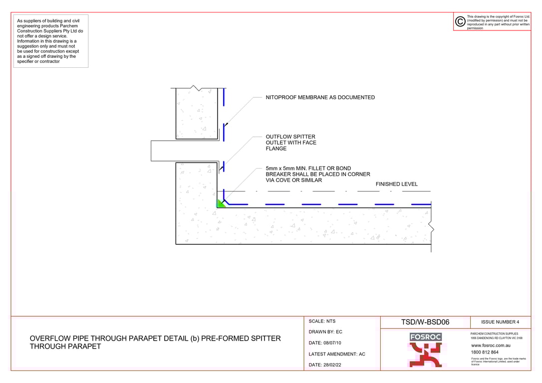 Navigate to TSD-W-BSD06 - OVERFLOW PIPE THROUGH PARAPET DETAIL (b) PRE-FORMED SPITTER THROUGH PARAPET