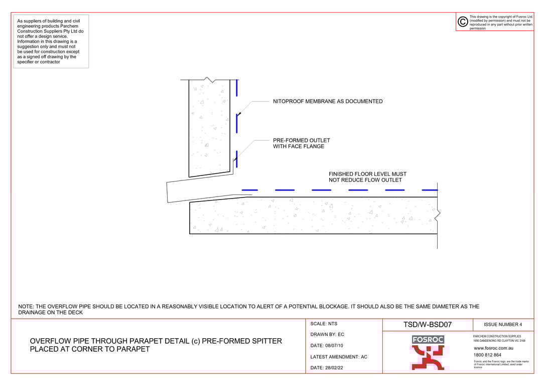 Navigate to TSD-W-BSD07 - OVERFLOW PIPE THROUGH PARAPET DETAIL (c) PRE-FORMED SPITTER PLACED AT CORNER TO PARAPET