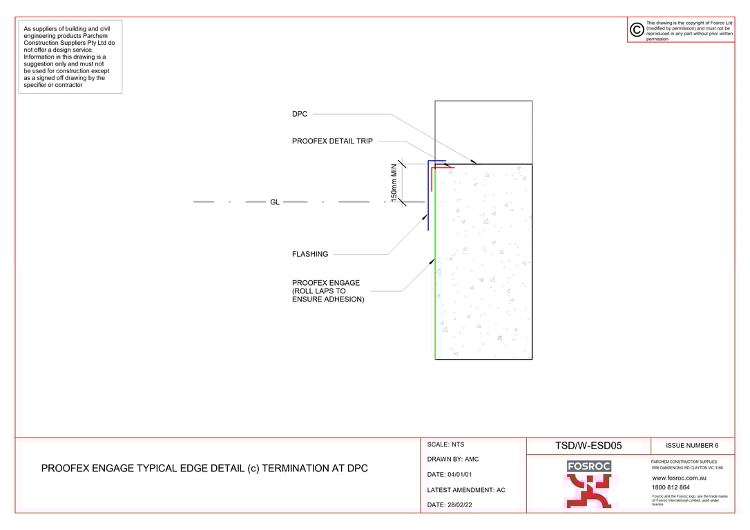 Navigate to TSD-W-ESD05 - PROOFEX ENGAGE TYPICAL EDGE DETAIL (c) TERMINATION AT DPC