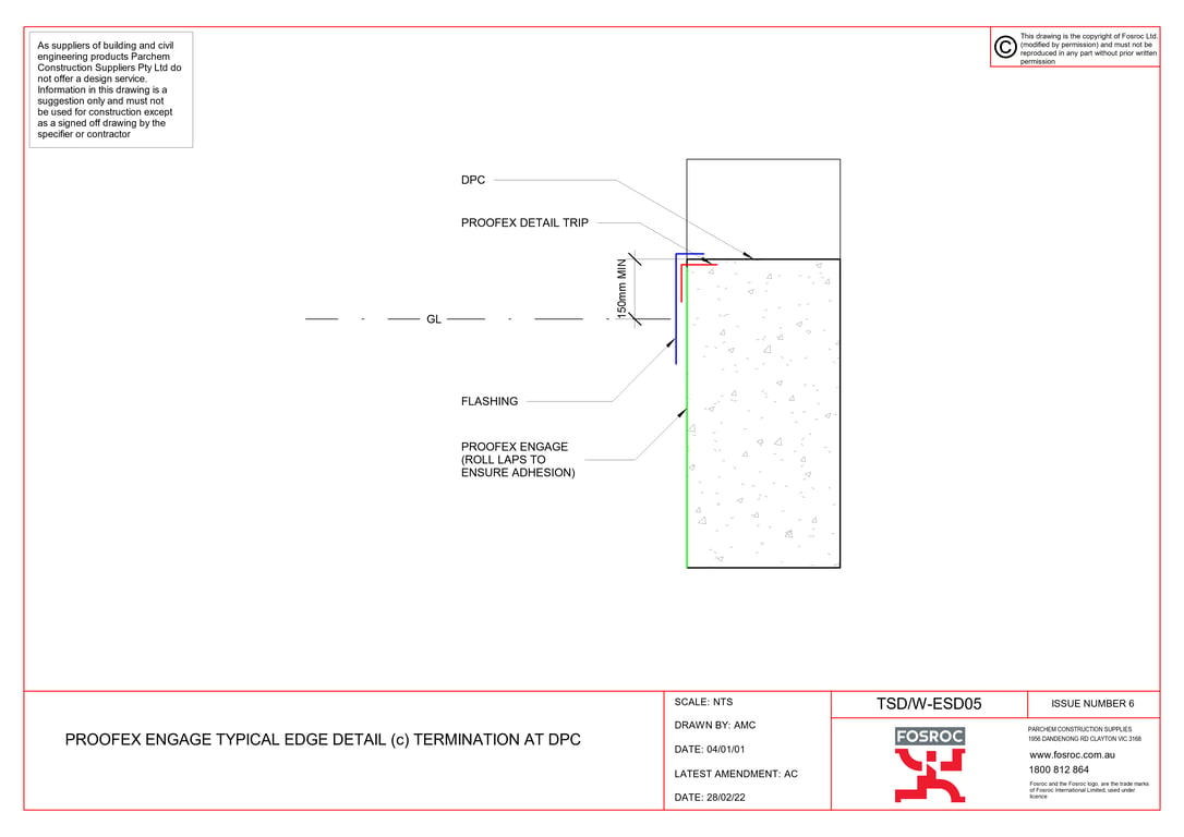  Image of TSD-W-ESD05 - PROOFEX ENGAGE TYPICAL EDGE DETAIL (c) TERMINATION AT DPC