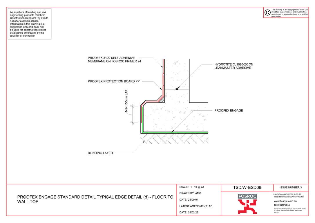  Image of TSD-W-ESD06 - PROOFEX ENGAGE STANDARD DETAIL TYPICAL EDGE DETAIL (d) - FLOOR TO WALL TOE