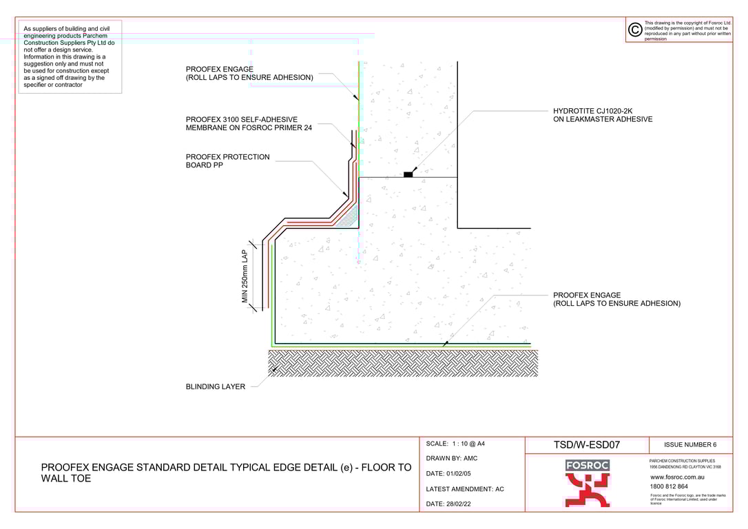 Navigate to TSD-W-ESD07 - PROOFEX ENGAGE STANDARD DETAIL TYPICAL EDGE DETAIL (e) - FLOOR TO WALL TOE