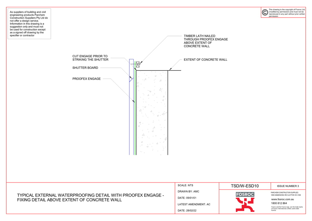Image of TSD-W-ESD10 - TYPICAL EXTERNAL WATERPROOFING DETAIL WITH PROOFEX ENGAGE - FIXING DETAIL ABOVE EXTENT OF CONCRETE WALL