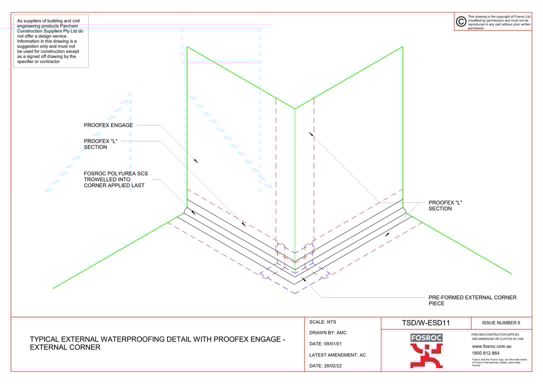 Navigate to TSD-W-ESD11 - TYPICAL EXTERNAL WATERPROOFING DETAIL WITH PROOFEX ENGAGE - EXTERNAL CORNER