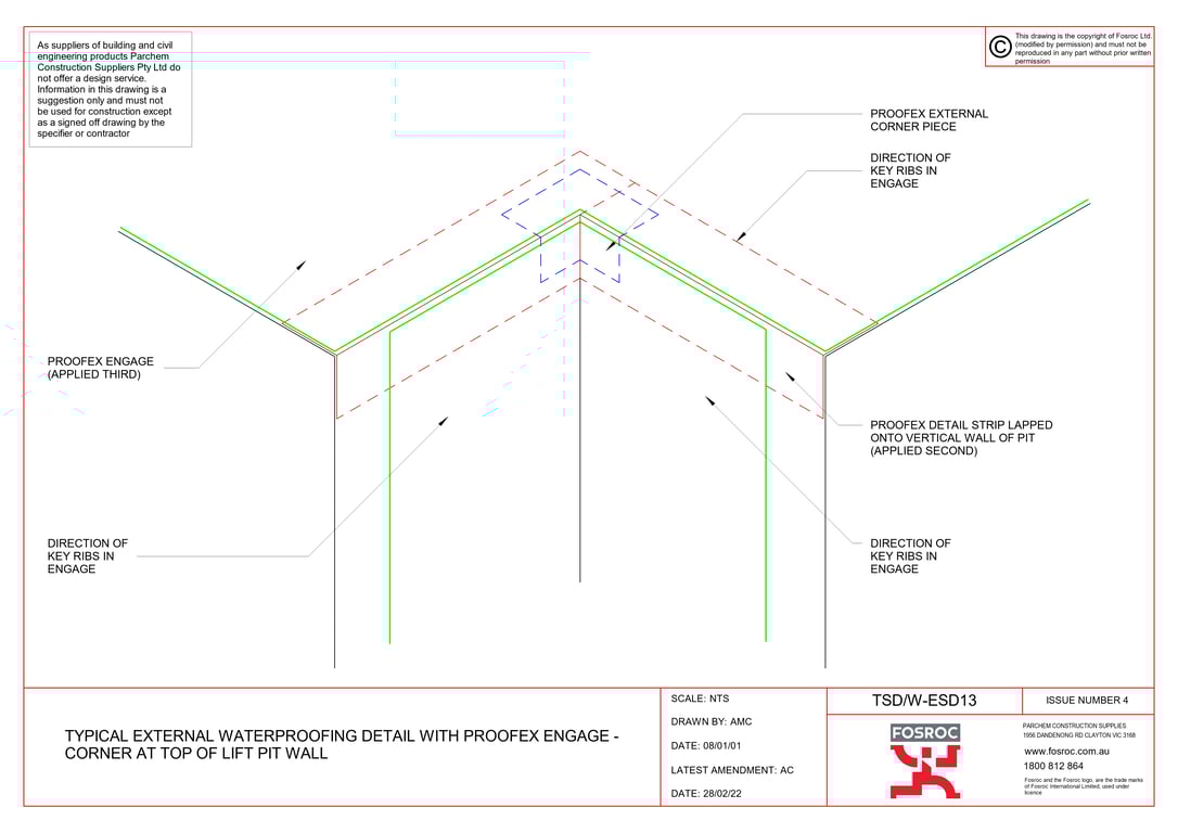 Navigate to TSD-W-ESD13 - TYPICAL EXTERNAL WATERPROOFING DETAIL WITH PROOFEX ENGAGE - CORNER AT TOP OF LIFT PIT WALL